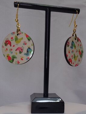 Round Chicken Print Dangle Earrings - Multicolor